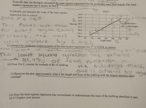 From the data, the biologist calculated the least-squares regression line for predicting mass from length. The least-
squares regression line is shown in Plot 2
b) Identify and interpret the slope of the least-squares 
regression lime in context. 
(c) Interpret the coefficient of determination of the least-squares regression line r^2approx 0.819 in context
(d) From Plot 2, consider the residuals of the 11 bullfrogs.
(i) Based on the plot, approximately what is the length and mass of the bullfrog with the largest absolute value
residual?
(ii) Does the least-squares regression line overestimate or underestimate the mass of the bullfrog identified in part
(d- 1 )? Explain your answer.