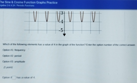 The Sine & Cosine Function Graphs Practice
lgebra 2 A; 6.24 / Periodic Functions
Which of the following elements has a value of 4 in the graph of the function? Enter the option number of the correct answer.
Option #1: frequency
Option #2: period
Option #3: amplitude
(1 paint)
Optior =□ has a value of 4.