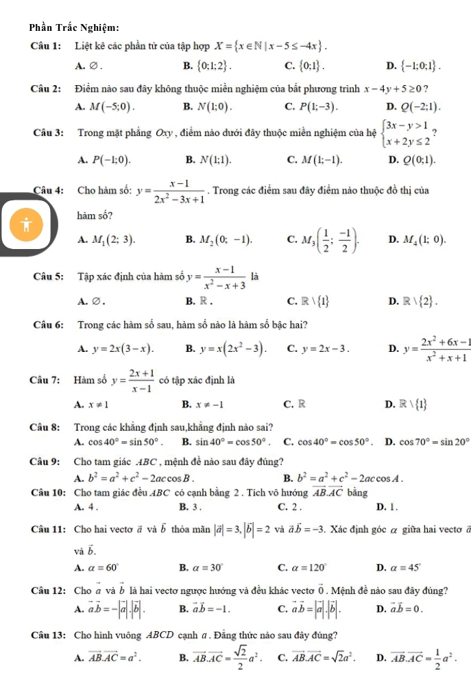 Phần Trắc Nghiệm:
Câu 1: Liệt kê các phần tử của tập hợp X= x∈ N|x-5≤ -4x .
A. ∅ . B.  0;1;2 . C.  0;1 . D.  -1;0;1 .
Câu 2: Điềm nào sau đây không thuộc miền nghiệm của bắt phương trình x-4y+5≥ 0 ?
A. M(-5;0). B. N(1;0). C. P(1;-3). D. Q(-2;1).
Câu 3: Trong mặt phẳng Oxy , điểm nào dưới đây thuộc miền nghiệm của hệ beginarrayl 3x-y>1 x+2y≤ 2endarray. ?
A. P(-1;0). B. N(1;1). C. M(1;-1). D. Q(0;1).
Câu 4: Cho hàm số: y= (x-1)/2x^2-3x+1 . Trong các điểm sau đây điểm nào thuộc đồ thị của
hàm số?
A. M_1(2;3). B. M_2(0;-1). C. M_3( 1/2 ; (-1)/2 ). D. M_4(1;0).
Câu 5: Tập xác định của hàm số y= (x-1)/x^2-x+3  là
A.∅. B. R . C. Rvee  1 D. R| 2 .
Câu 6: Trong các hàm số sau, hàm số nào là hàm số bậc hai?
A. y=2x(3-x). B. y=x(2x^2-3). C. y=2x-3. D. y= (2x^2+6x-1)/x^2+x+1 
Câu 7: Hàm số y= (2x+1)/x-1  có tập xác định là
A. x!= 1 B. x!= -1 C. R D. Rvee  1
Câu 8: Trong các khẳng định sau,khẳng định nào sai?
A. cos 40°=sin 50°. B. sin 40°=cos 50°. C. cos 40°=cos 50°. D. cos 70°=sin 20°
Câu 9: Cho tam giác ABC , mệnh đề nào sau đây đúng?
A. b^2=a^2+c^2-2accos B. B. b^2=a^2+c^2-2accos A.
Câu 10: Cho tam giác đều 4BC có cạnh bằng 2 . Tích vô hướng vector AB.vector AC bằng
A. 4 . B. 3 . C. 2 . D. 1.
Câu 11: Cho hai vectơ # và ổ thỏa mãn |vector a|=3,|vector b|=2 và vector a.vector b=-3. Xác định góc α giữa hai vectơ a
và vector b.
A. alpha =60° B. alpha =30° C. alpha =120° D. alpha =45°
Câu 12: Cho σ và b là hai vectơ ngược hướng và đều khác vectơ vector 0.. Mệnh đề nào sau đây đúng?
A. vector avector b=-|vector a|.|vector b|. B. vector a.vector b=-1. C. vector avector b=|vector a|.|vector b|. D. vector avector b=0.
Câu 13: Cho hình vuông ABCD cạnh α. Đẳng thức nào sau đây đúng?
A. vector AB.vector AC=a^2. B. vector AB.vector AC= sqrt(2)/2 a^2. C. vector AB.vector AC=sqrt(2)a^2. D. vector AB.vector AC= 1/2 a^2.