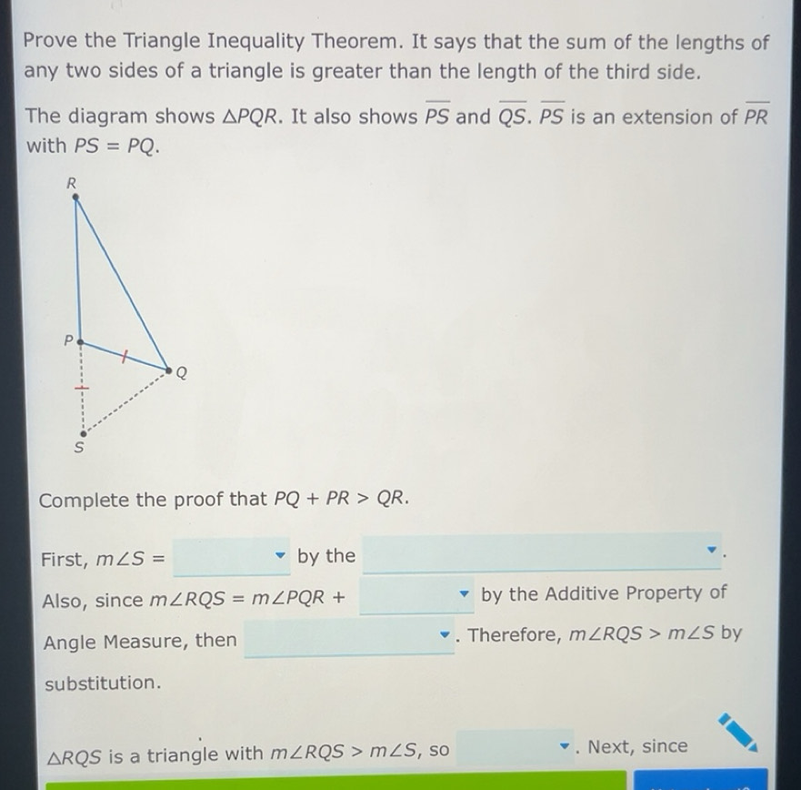 Solved: Prove the Triangle Inequality Theorem. It says that the sum of ...