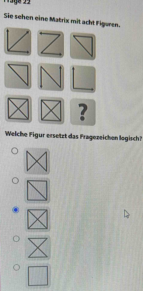 Prage 22 
Sie sehen eine Matrix mit acht Figuren. 
Welche Figur ersetzt das Fragezeichen logisch?