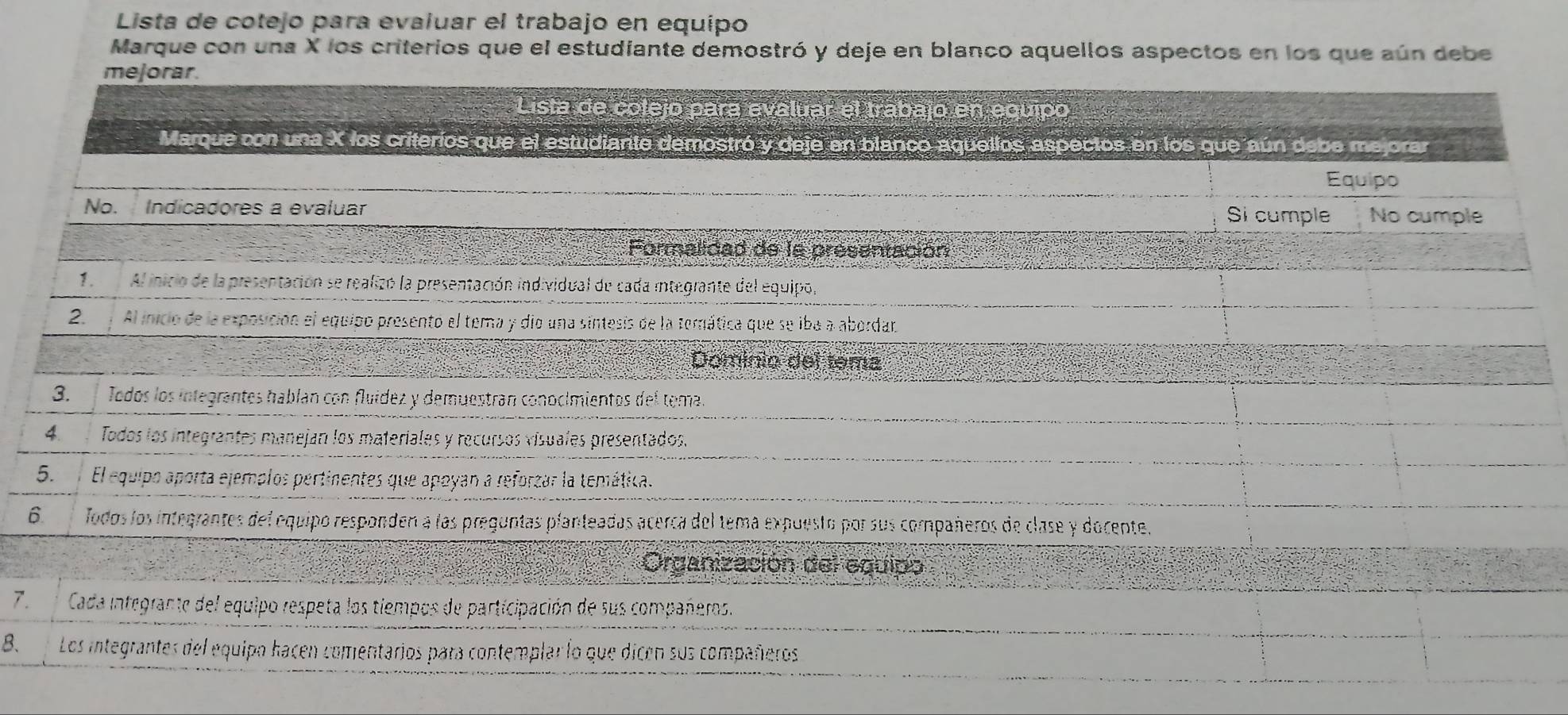 Lista de cotejo para evaluar el trabajo en equípo 
Marque con una X los criterios que el estudiante demostró y deje en blanco aquellos aspectos en los que aún debe 
6 
7. 
B.