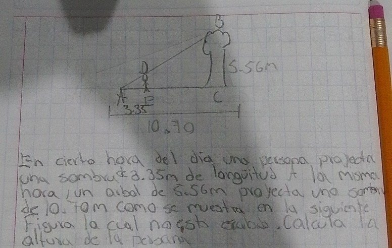 5. 56m
C
3. 3f
10. 10
En cierto hord del dia uno, persona projecta 
ana sombruk3. 35n de longvitud A la misma 
hora jun acbol de 5.56m projecta uno somen 
de l0. tom como sc mestra en lu siquicnfe 
Figura lacual nogot auad. Calula la 
alfura de fa persane