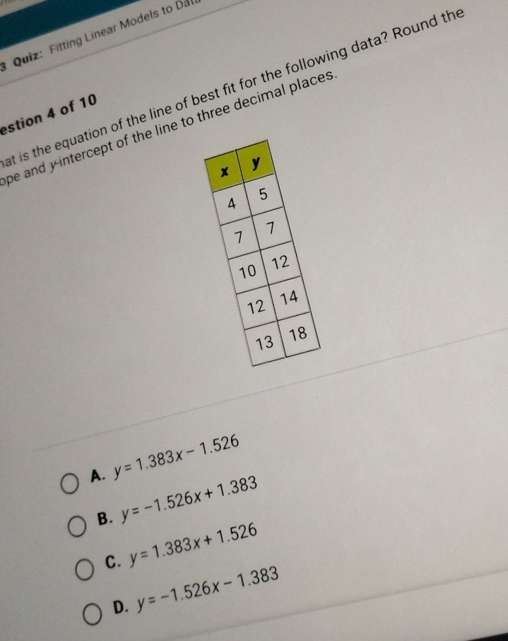 Fitting Linear Models to Dat
t is the equation of the line of best fit for the following data? Round th
stion 4 of 10
be and y intercept of the line to three decimal places
A. y=1.383x-1.526
B. y=-1.526x+1.383
C. y=1.383x+1.526
D. y=-1.526x-1.383