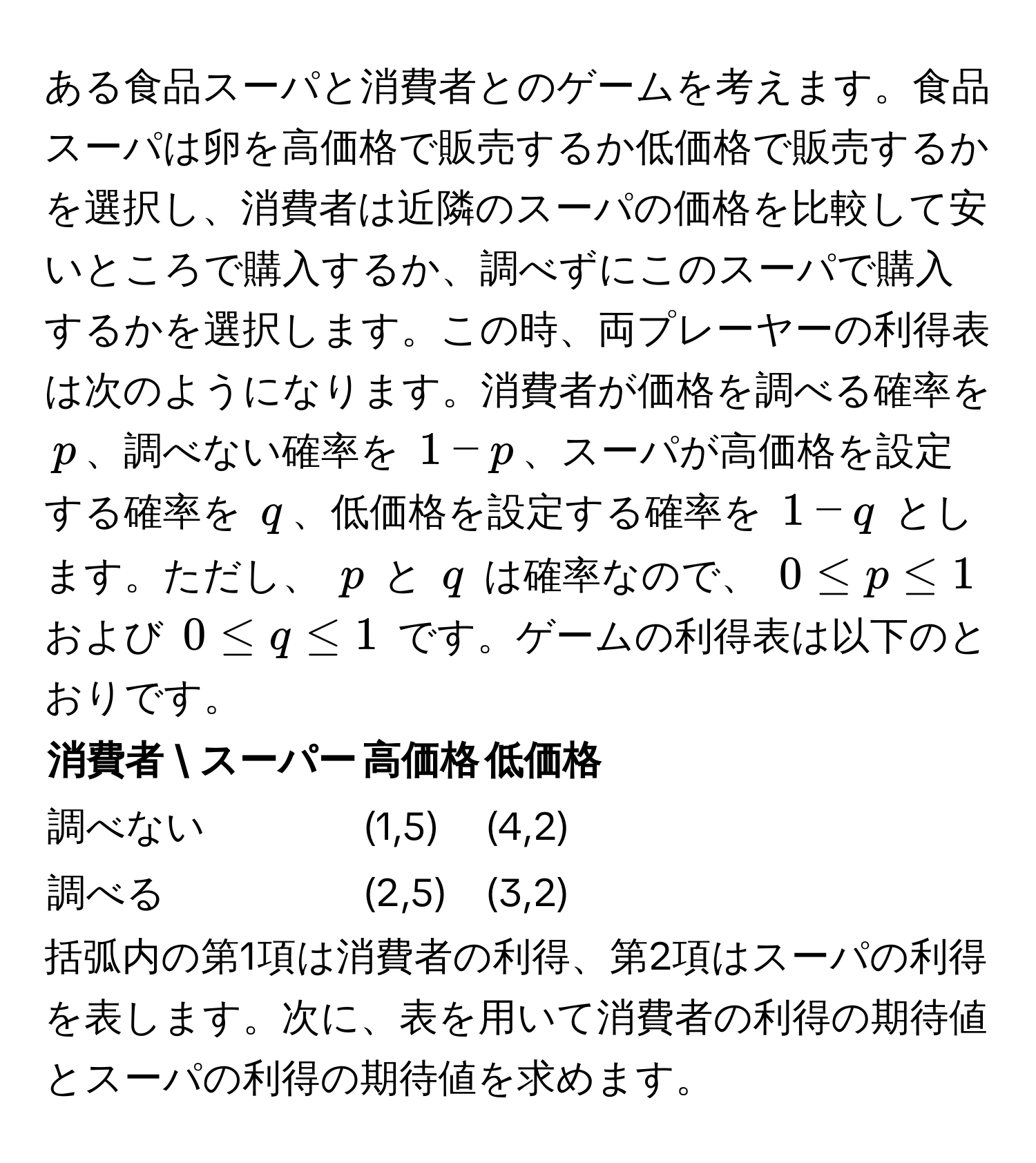 ある食品スーパと消費者とのゲームを考えます。食品スーパは卵を高価格で販売するか低価格で販売するかを選択し、消費者は近隣のスーパの価格を比較して安いところで購入するか、調べずにこのスーパで購入するかを選択します。この時、両プレーヤーの利得表は次のようになります。消費者が価格を調べる確率を $p$、調べない確率を $1-p$、スーパが高価格を設定する確率を $q$、低価格を設定する確率を $1-q$ とします。ただし、 $p$ と $q$ は確率なので、 $0 ≤ p ≤ 1$ および $0 ≤ q ≤ 1$ です。ゲームの利得表は以下のとおりです。

| 消費者  スーパー | 高価格   | 低価格   |
|------------------|----------|----------|
| 調べない         | (1,5)    | (4,2)    |
| 調べる           | (2,5)    | (3,2)    |

括弧内の第1項は消費者の利得、第2項はスーパの利得を表します。次に、表を用いて消費者の利得の期待値とスーパの利得の期待値を求めます。