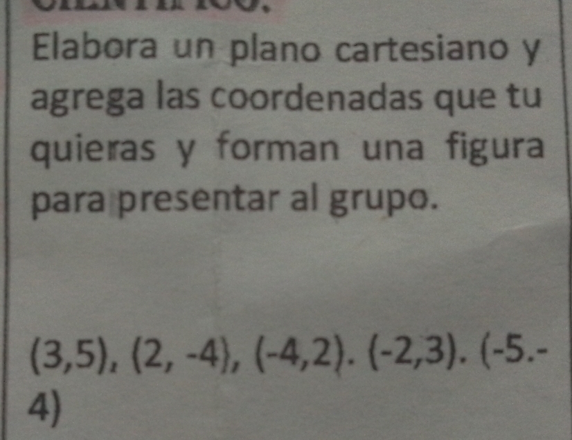 Elabora un plano cartesiano y 
agrega las coordenadas que tu 
quieras y forman una figura 
para presentar al grupo.
(3,5),(2,-4),(-4,2).(-2,3).(-5.-
4)