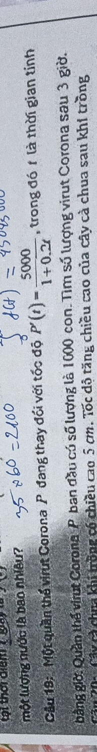 tại thời diểm t ga ' x 
một lượng nước là bao nhiều? 
Cầu 19: Một quần thể virut Corona P đang thay đổi với tốc độ P'(t)= 5000/1+0.2t  , trong đó t là thời gian tính 
bằng giờ. Quần thể virut Corona P ban đầu có số lượng là 1000 con. Tìm số lượng virut Corona sau 3 giờ. 
anh cây cà chúa khi trồng có chiều cao 5 cm. Tốc độ tăng chiều cao của cây cà chua sau khí trồng