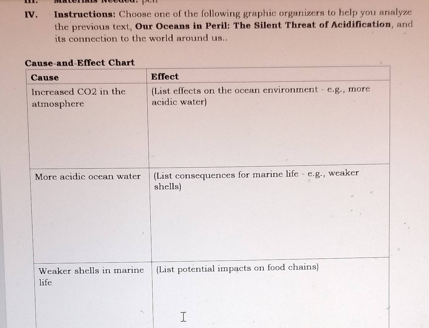 Instructions: Choose one of the following graphic organizers to help you analyze 
the previous text, Our Oceans in Peril: The Silent Threat of Acidification, and 
its connection to the world around us..