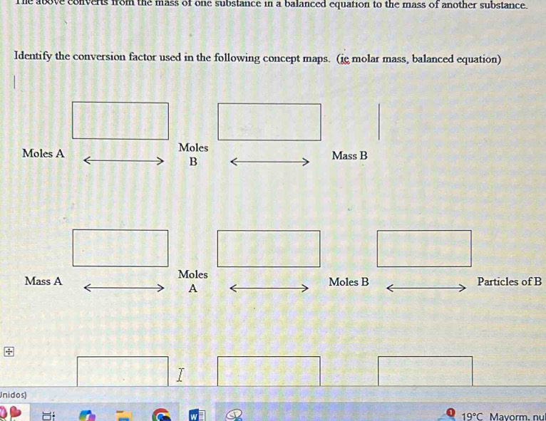 The above converts from the mass of one substance in a balanced equation to the mass of another substance. 
Identify the conversion factor used in the following concept maps. (ie molar mass, balanced equation) 
Moles A Moles Mass B 
B 
Mass A Moles Moles B Particles of B 
A 
+ 
I 
Jnidos)
19°C Mavorm, nu