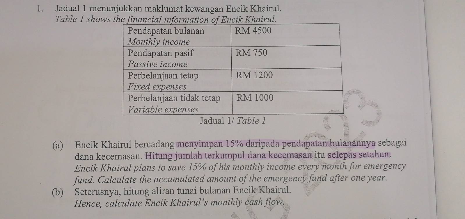 Jadual 1 menunjukkan maklumat kewangan Encik Khairul. 
Table 1 shows tairul. 
(a) Encik Khairul bercadang menyimpan 15% daripada pendapatan bulanannya sebagai 
dana kecemasan. Hitung jumlah terkumpul dana kecemasan itu selepas setahun. 
Encik Khairul plans to save 15% of his monthly income every month for emergency 
fund. Calculate the accumulated amount of the emergency fund after one year. 
(b) Seterusnya, hitung aliran tunai bulanan Encik Khairul. 
Hence, calculate Encik Khairul’s monthly cash flow.