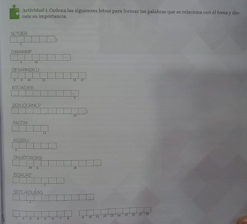 Actividad 1. Ordena las siguientes letras para formar las palabras que se relaciona con el tema y dis- 
. 
cute su importancia. 
SCTOER 
: 
2 
SDDLAIDUEAG 
1