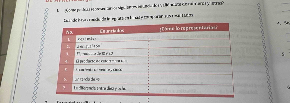 Cómo podrías representar los siguientes enunciados valiéndote de números y letras? 
hayas concluido intégrate en binas y comparen sus resultados. 
4. Sig 
5. 
6