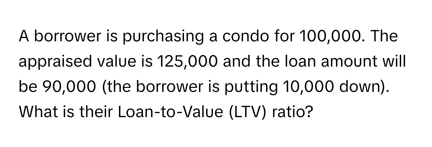 A borrower is purchasing a condo for 100,000. The appraised value is 125,000 and the loan amount will be 90,000 (the borrower is putting 10,000 down). What is their Loan-to-Value (LTV) ratio?