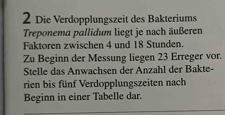 Die Verdopplungszeit des Bakteriums 
Treponema pallidum liegt je nach äußeren 
Faktoren zwischen 4 und 18 Stunden. 
Zu Beginn der Messung liegen 23 Erreger vor. 
Stelle das Anwachsen der Anzahl der Bakte- 
rien bis fünf Verdopplungszeiten nach 
Beginn in einer Tabelle dar.