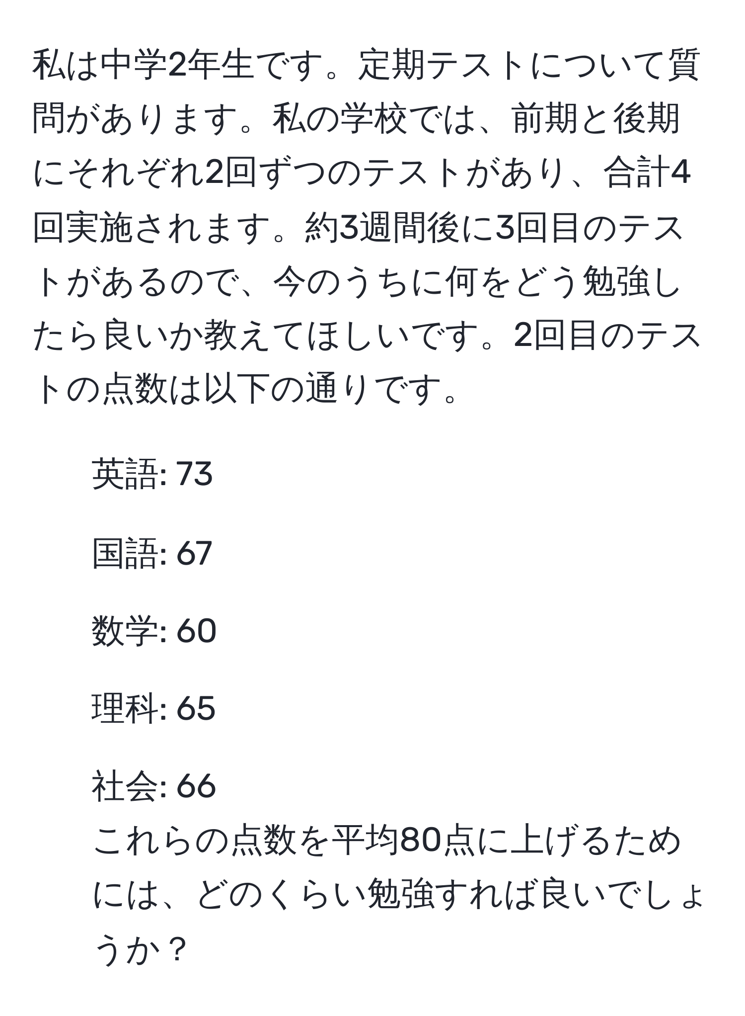 私は中学2年生です。定期テストについて質問があります。私の学校では、前期と後期にそれぞれ2回ずつのテストがあり、合計4回実施されます。約3週間後に3回目のテストがあるので、今のうちに何をどう勉強したら良いか教えてほしいです。2回目のテストの点数は以下の通りです。
- 英語: 73
- 国語: 67
- 数学: 60
- 理科: 65
- 社会: 66
これらの点数を平均80点に上げるためには、どのくらい勉強すれば良いでしょうか？