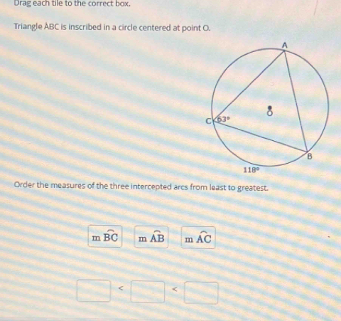 Drag each tile to the correct box.
Triangle ABC is inscribed in a circle centered at point O.
Order the measures of the three intercepted arcs from least to greatest.
m widehat BC m widehat AB m widehat AC
□