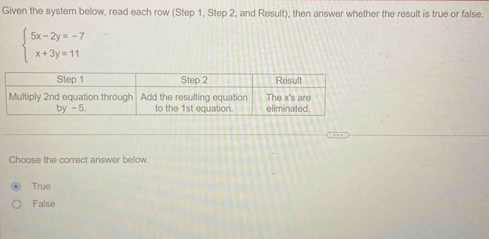 Given the system below, read each row (Step 1, Step 2, and Result), then answer whether the result is true or false.
beginarrayl 5x-2y=-7 x+3y=11endarray.
Choose the correct answer below.
True
False