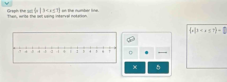 Graph the set  x|3 on the number line. 
Then, write the set using interval notation.
 x|3
×