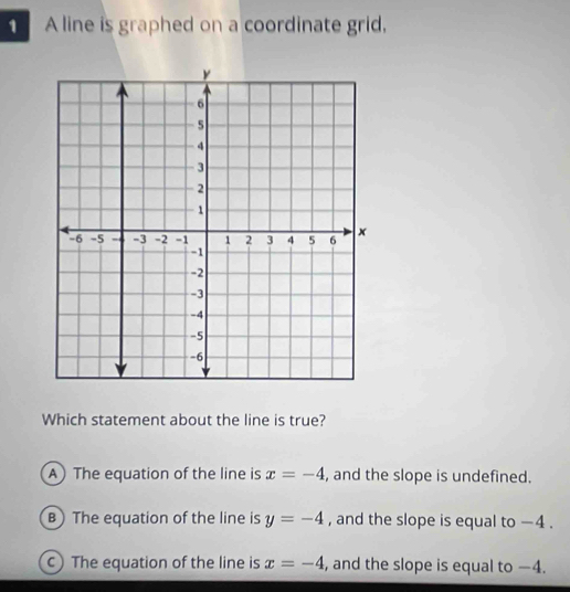 A line is graphed on a coordinate grid,
Which statement about the line is true?
A The equation of the line is x=-4 , and the slope is undefined.
B) The equation of the line is y=-4 , and the slope is equal to −4.
c) The equation of the line is x=-4 , and the slope is equal to −4.