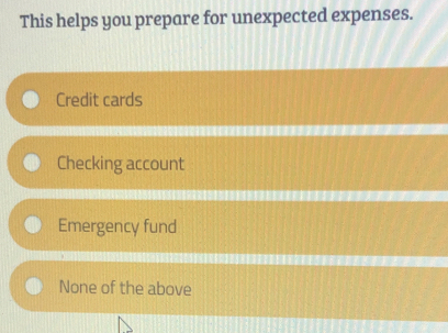 This helps you prepare for unexpected expenses.
Credit cards
Checking account
Emergency fund
None of the above