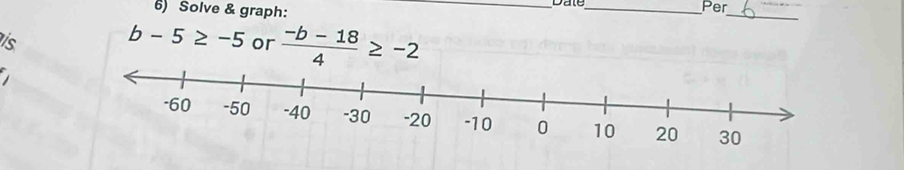 Solve & graph: _Date_ 
Per 
_ 
is 
h -5≥ -5 or  (-b-18)/4 ≥ -2