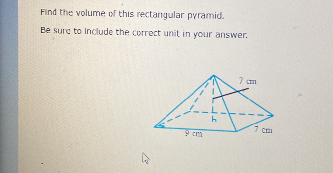 Find the volume of this rectangular pyramid. 
Be sure to include the correct unit in your answer.