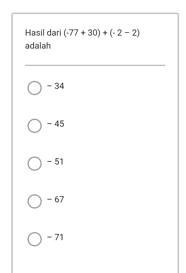 Hasil dari (-77+30)+(-2-2)
adalah
- 34
- 45
- 51
-67
- 71