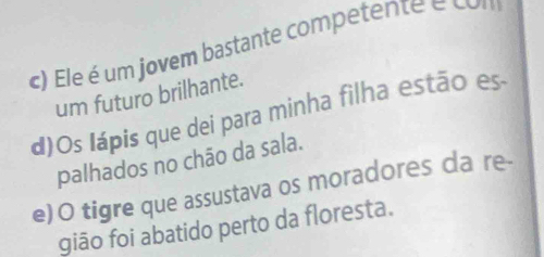 c) Ele é um jovem bastante competente é com
um futuro brilhante.
d)Os Iápis que dei para minha filha estão es
palhados no chão da sala.
e) O tigre que assustava os moradores da re-
gião foi abatido perto da floresta.