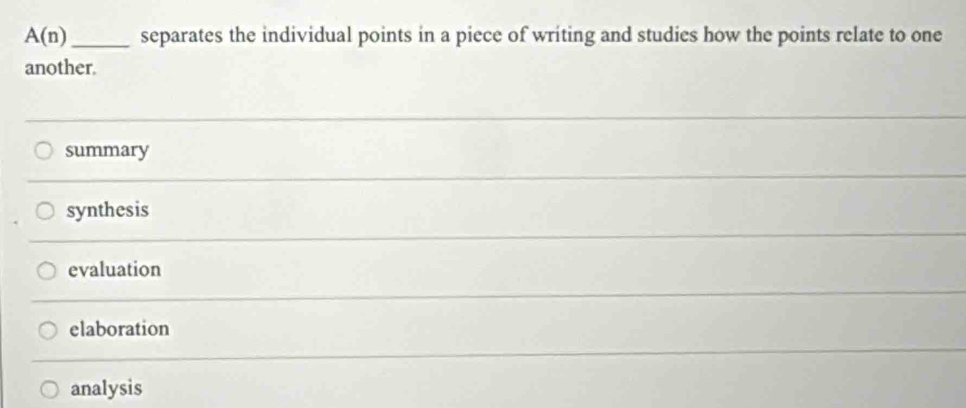 A(n) _ separates the individual points in a piece of writing and studies how the points relate to one
another.
summary
synthesis
evaluation
elaboration
analysis