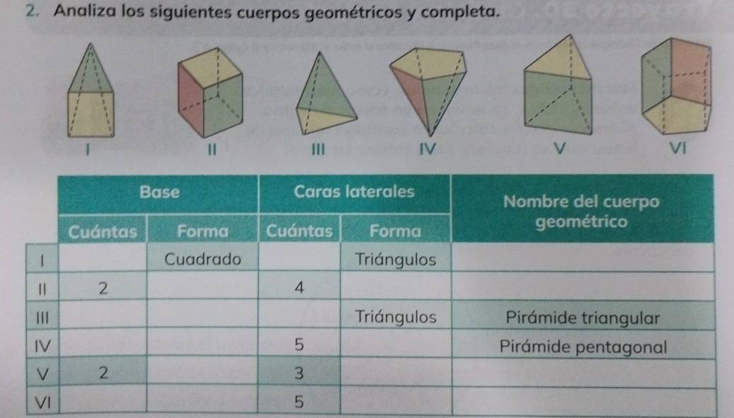 Analiza los siguientes cuerpos geométricos y completa.