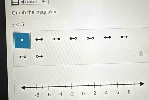 Listen 
Graph the inequality.
z≤ 5
。 。