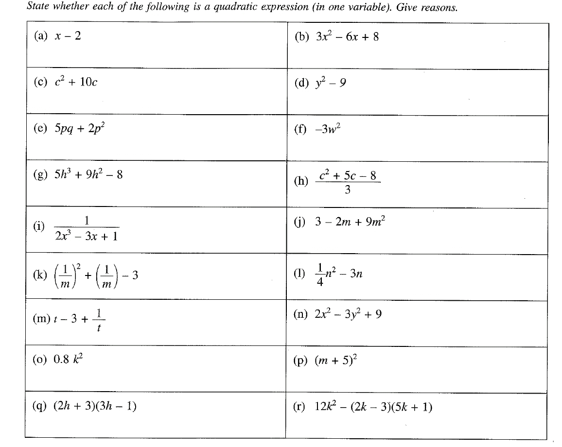 State whether each of the following is a quadratic expression (in one variable). Give reasons.