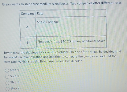 Bryan wants to ship three medium-sized boxes. Two companies offer different rates.
Bryan used the six steps to solve this problem. On one of the std that
he would use multiplication and addition to compare the companies and find the
best rate. Which step did Bryan use to help him decide?
Step 4
Step 1
Step 3
Step 2