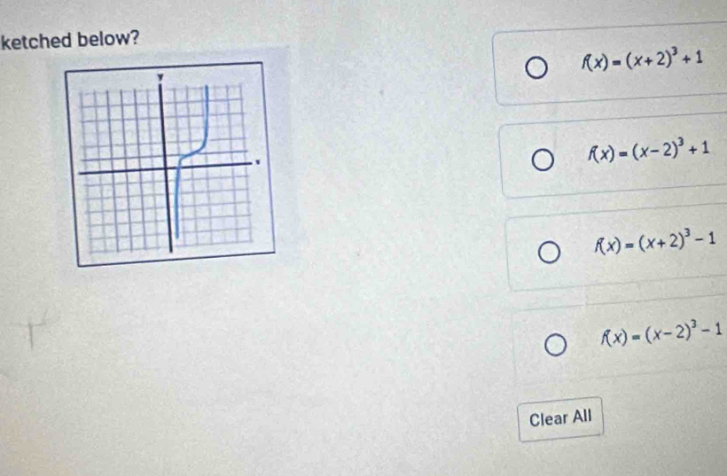 ketched below?
f(x)=(x+2)^3+1
f(x)=(x-2)^3+1
f(x)=(x+2)^3-1
f(x)=(x-2)^3-1
Clear All