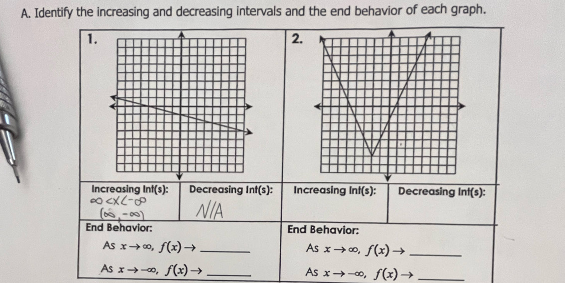 Identify the increasing and decreasing intervals and the end behavior of each graph. 
1. 
2. 
Increasing Int(s): Decreasing Int(s): Increasing Inf(s) : Decreasing Int(s): 
End Behavior: End Behavior: 
As xto ∈fty , f(x)to _As xto ∈fty , f(x)to _ 
As xto -∈fty , f(x) to _ 
As xto -∈fty , f(x) _