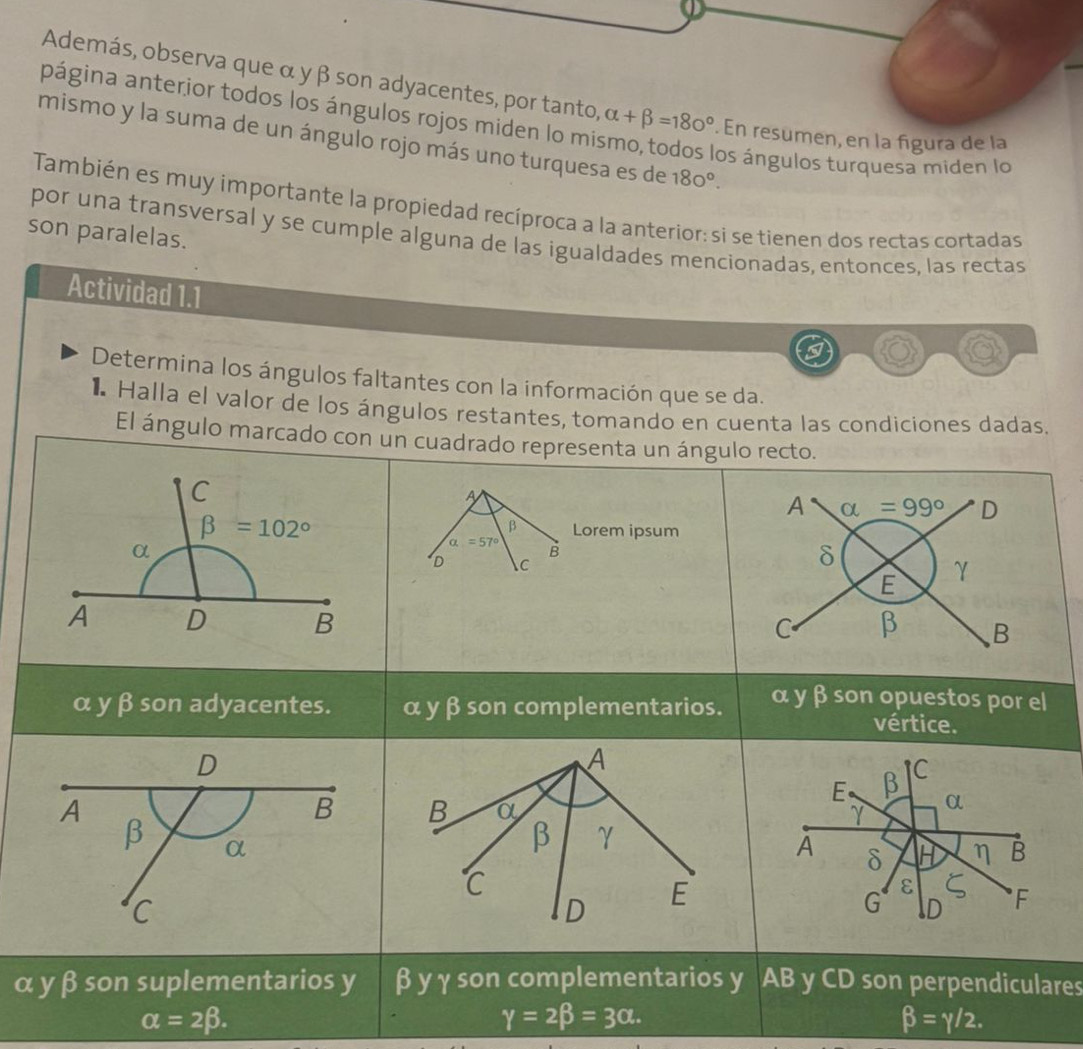 Además, observa que α y β son adyacentes, por tanto, alpha +beta =180°. En resumen, en la figura de la
página anterior todos los ángulos rojos miden lo mis
mismo y la suma de un ángulo rojo más uno turquesa es de 180°.
los ángulos turquesa miden lo
También es muy importante la propiedad recíproca a la anterior: si se tienen dos rectas cortadas
son paralelas. por una transversal y se cumple alguna de las igualdades mencionadas, entonces, las rectas
Actividad 1.1
Determina los ángulos faltantes con la información que se da.
* Halla el valor de los ángulos restantes, tomando en cuenta las condiciones dadas.
El ángulo 
αres
alpha =2beta .
gamma =2beta =3alpha .
beta =gamma /2.