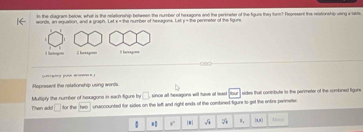 In the diagram below, what is the relationship between the number of hexagons and the perimeter of the figure they form? Represent this relationship using a table.
words, an equation, and a graph. Let x= the number of hexagons. Let y= the perimeter of the figure.
1 1
1 1
1
1 hexagon 2 hexagons 3 hexagons
(O' usy yous arwes 
Represent the relationship using words.
Multiply the number of hexagons in each figure by □ , since all hexagons will have at least four , sides that contribute to the perimeter of the combined figure
Then add □ for the two unaccounted for sides on the left and right ends of the combined figure to get the entire perimeter.
 □ /□   8 π /8  □° |□ | sqrt(□ ) sqrt[4](8) a. (1,3) Maro