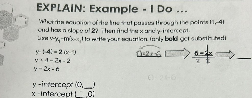 EXPLAIN: Example - I Do ... 
What the equation of the line that passes through the points (1,-4)
and has a slope of 2? Then find the x and y-intercept. 
Use y-y_1=m(x-x_1) to write your equation. (only bold get substituted)
y-(-4)=2(x-1)
y+4=2x-2
_
y=2x-6
y-intercept (0,_ )
x -intercept(_ ,0)