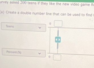 urvey asked 200 teens if they like the new video game R
(a) Create a double number line that can be used to find
0
Teens
< >
Percent (%) v
a