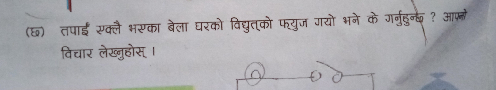 (६) तपाईं सक्लै भसका बेला घरको विद्युत्को फरयुज गयो भने के गर्नुहुन्क? आफ्नो 
विचार लेख्नुहोस् ।