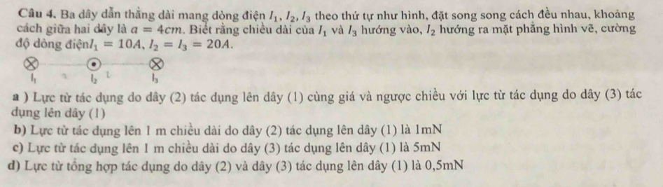 Ba dây dẫn thẳng dài mang dòng điện I_1, I_2, I_3 theo thứ tự như hình, đặt song song cách đều nhau, khoảng
cách giữa hai dây là a=4cm. Biết rằng chiều dài của l_1 và I_3 hướng vào, I_2 hướng ra mặt phẳng hình vẽ, cường
độ dòng điện I_1=10A, I_2=I_3=20A.
L
l_3
a ) Lực từ tác dụng do dây (2) tác dụng lên dây (1) cùng giá và ngược chiều với lực từ tác dụng do dây (3) tác
dụng lên dây (1)
b) Lực từ tác dụng lên 1 m chiều dài do dây (2) tác dụng lên dây (1) là 1mN
c) Lực từ tác dụng lên 1 m chiều dài do dây (3) tác dụng lên dây (1) là 5mN
d) Lực từ tổng hợp tác dụng do dây (2) và dây (3) tác dụng lên dây (1) là 0,5mN