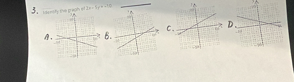 > 
3. Idene graph of 2x-5y=-10
C 
D 
A、 
B