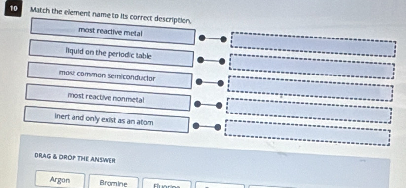 Match the element name to its correct description.
most reactive metal
liquid on the periodic table
most common semiconductor
most reactive nonmetal
inert and only exist as an atom
DRAG & DROP THE ANSWER
Argon Bromine Fluorine