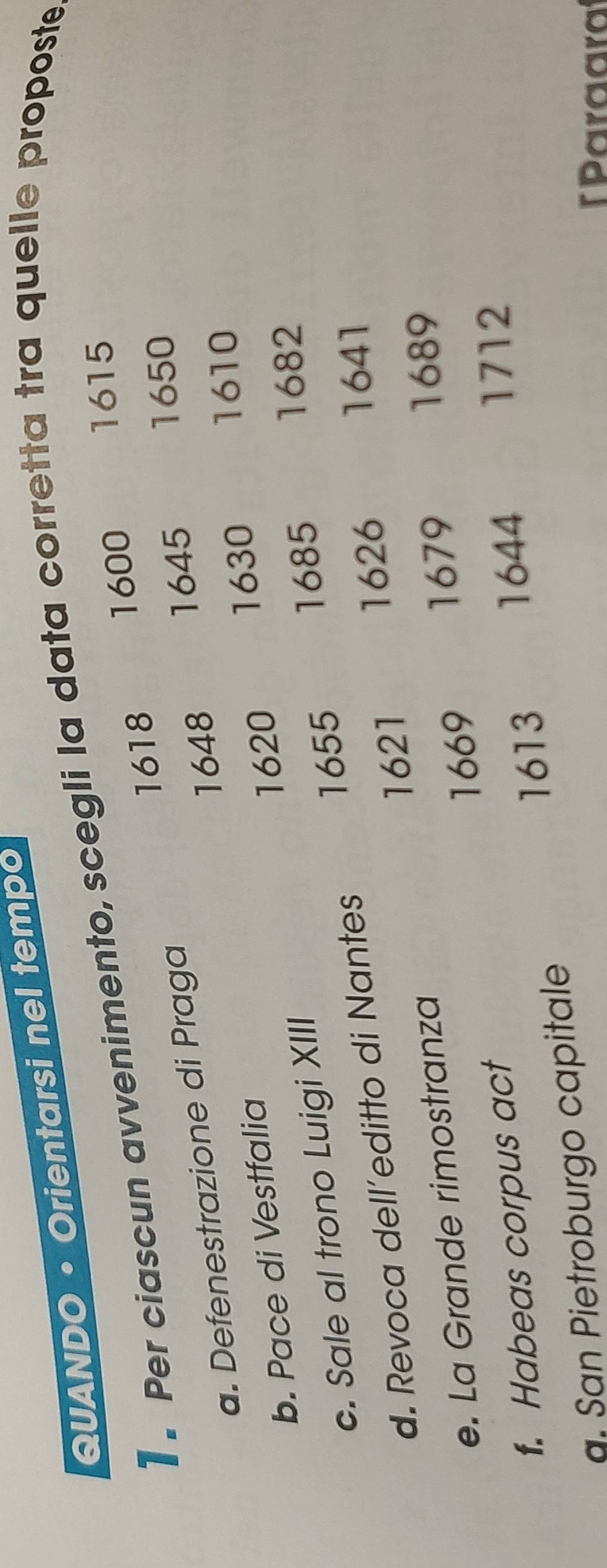 QUANDO • Orientarsi nel tempo 
1. Per ciascun avvenimento, scegli la data corretta tra quelle proposte
1600
1615
1618
1650
1648
a. Defenestrazione di Praga 
1645 
b. Pace di Vestfalia
1620 1630
1610
c. Sale al trono Luigi XIII
1655
1685 1682
d. Revoca dell’editto di Nantes
1621 1626
1641
1669 1679
e. La Grande rimostranza
1689
1. Habeas corpus act
1613 1644 
1712 
g. San Pietroburgo capitale 
Paraara