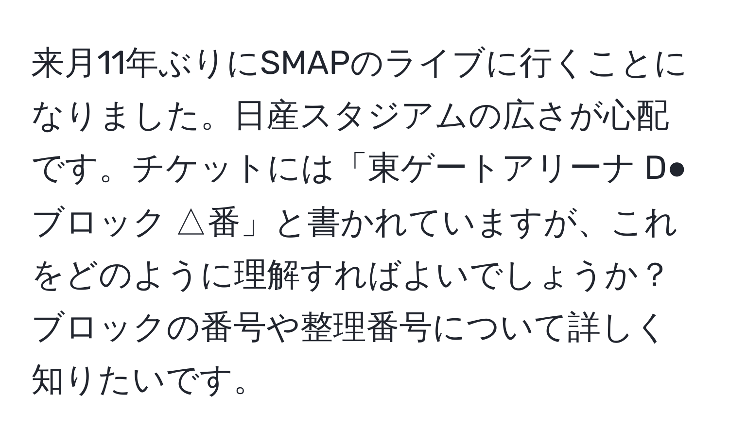 来月11年ぶりにSMAPのライブに行くことになりました。日産スタジアムの広さが心配です。チケットには「東ゲートアリーナ D●ブロック △番」と書かれていますが、これをどのように理解すればよいでしょうか？ブロックの番号や整理番号について詳しく知りたいです。