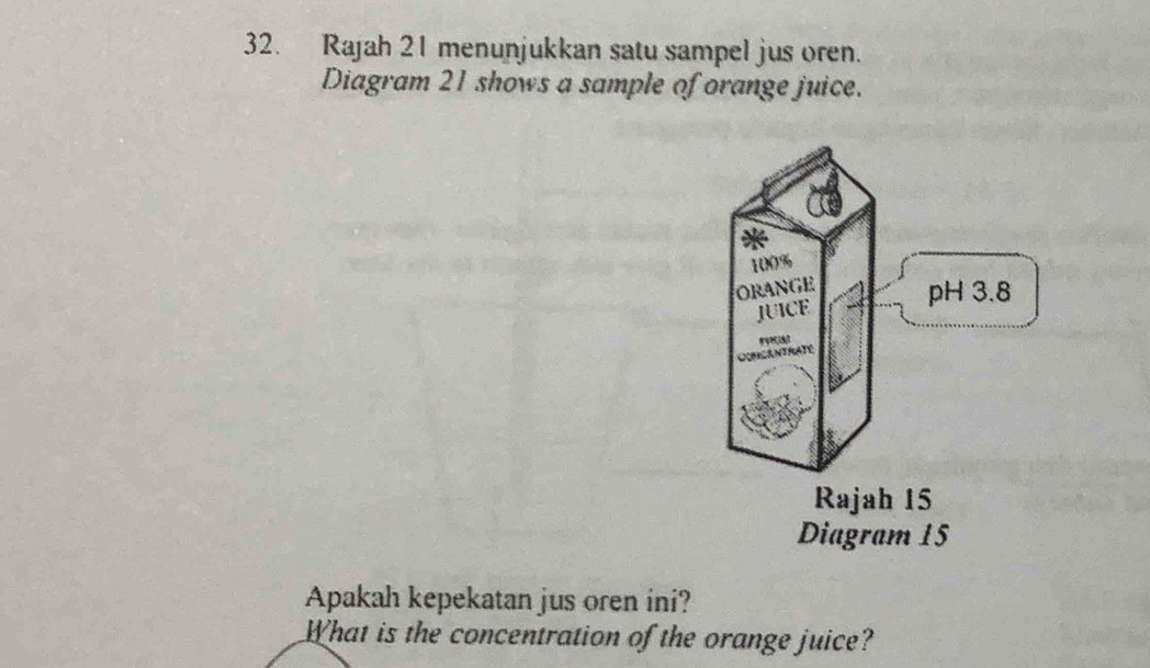 Rajah 21 menunjukkan satu sampel jus oren. 
Diagram 21 shows a sample of orange juice. 
Apakah kepekatan jus oren ini? 
What is the concentration of the orange juice?