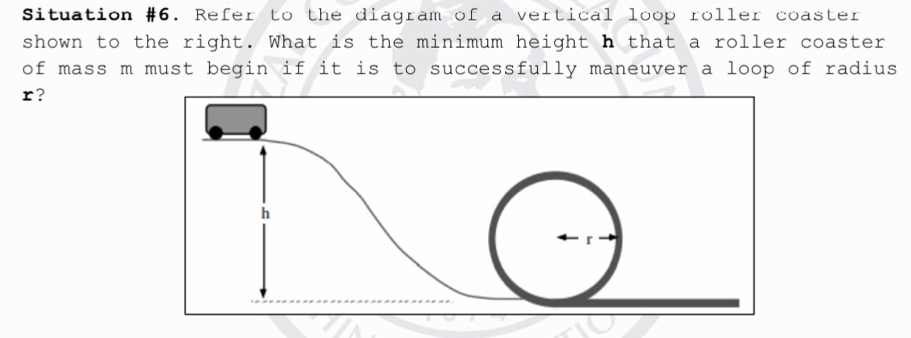 Situation #6. Refer to the diagram of a vertical loop roller coaster 
shown to the right. What is the minimum height h that a roller coaster 
of mass m must begin if it is to successfully maneuver a loop of radius
r?
h
r