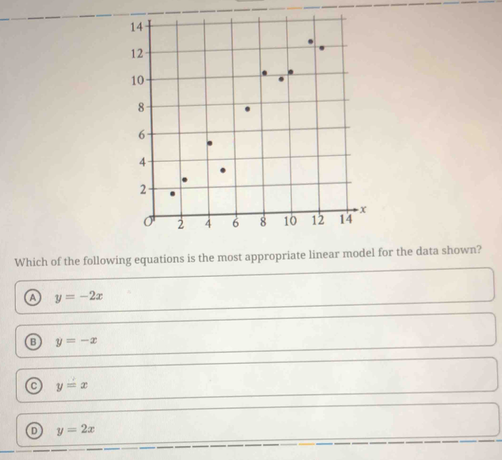 Which of the following equations is the most appropriate linear model for the data shown?
a y=-2x
B y=-x
a y=x
y=2x