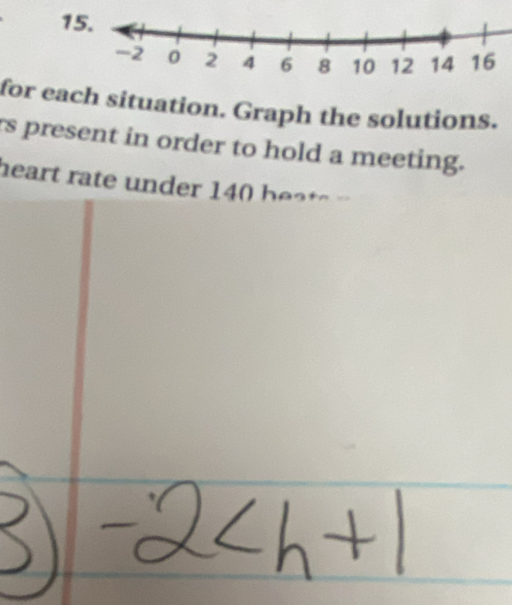 for each situation. Graph the solutions. 
rs present in order to hold a meeting. 
heart rate under 140 b at