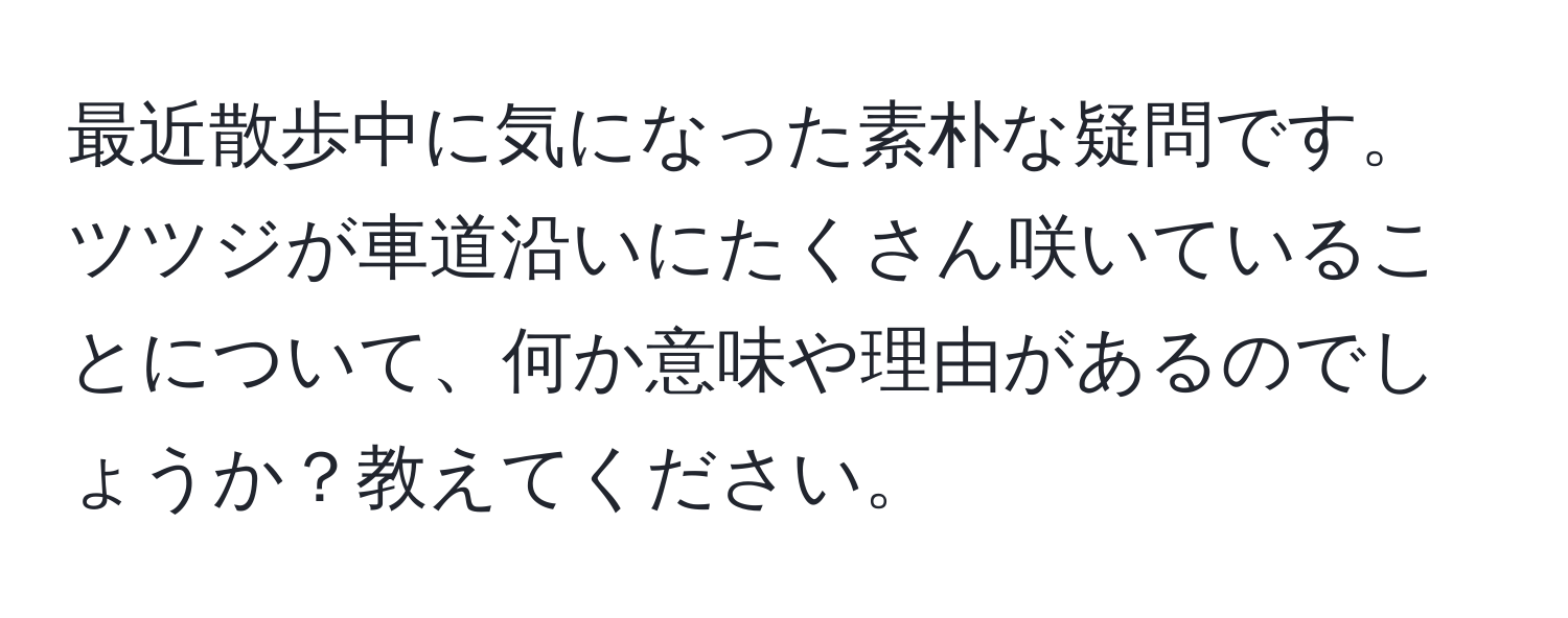 最近散歩中に気になった素朴な疑問です。ツツジが車道沿いにたくさん咲いていることについて、何か意味や理由があるのでしょうか？教えてください。